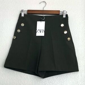 Zara High Waist Olive Shorts with Metallic Buttons